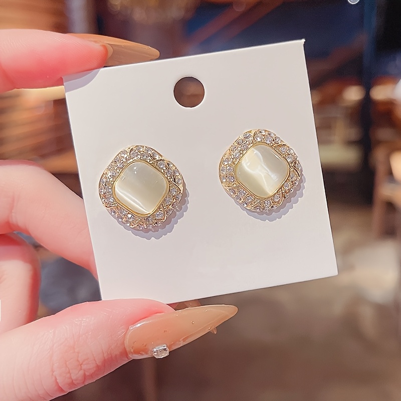 Square Rhinestone Earrings 925 Silver Post Studs